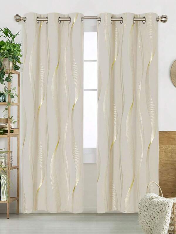 1pc Luxury Blackout Thermal Insulating Balcony Curtain, Champagne Striped Wave Design, Dustproof
